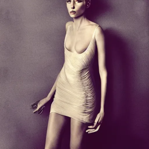 Prompt: delicate, semi transparant, high couture dress, super model, warm light, studio setting by marc lagrange