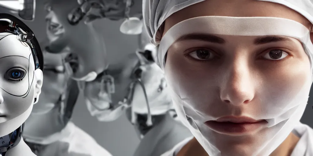 Prompt: a of a face transplant in an operating room with robotic surgeons , photorealistic,by Wlop,4k resolution