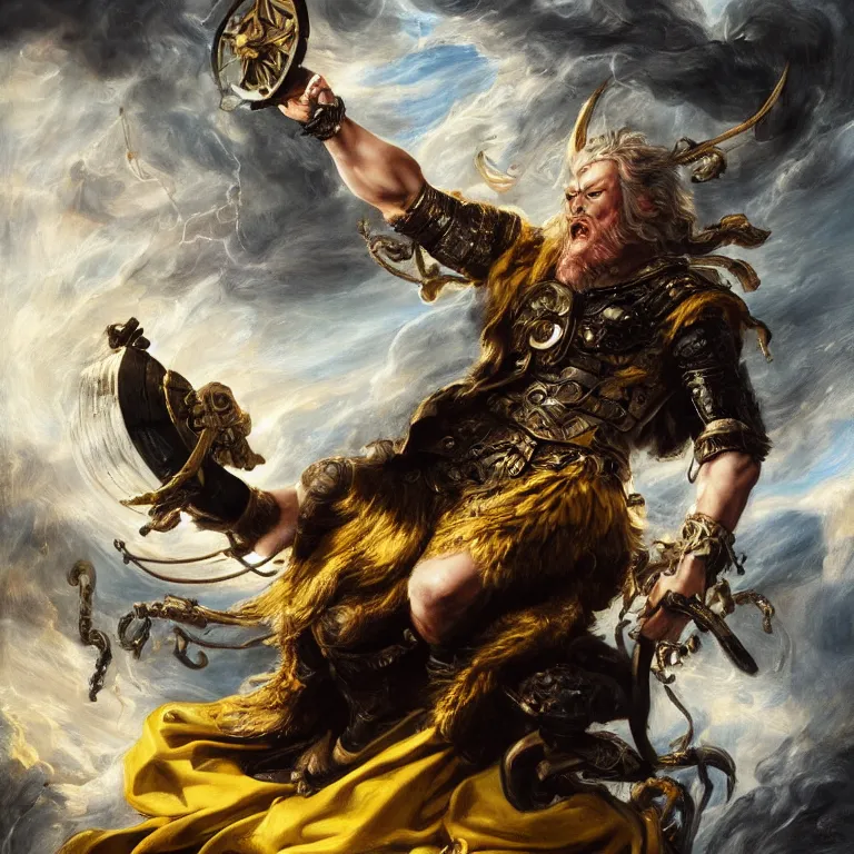 Prompt: mythological Odin all father god of thunder and artificial intelligence creating an artificial neural network with dark yellow synapses on an anvil, high resolution, award winning art, trending on art station, sharp image, incredibly detailed, odin all father detailed character realistic painting, painting by peter paul rubens