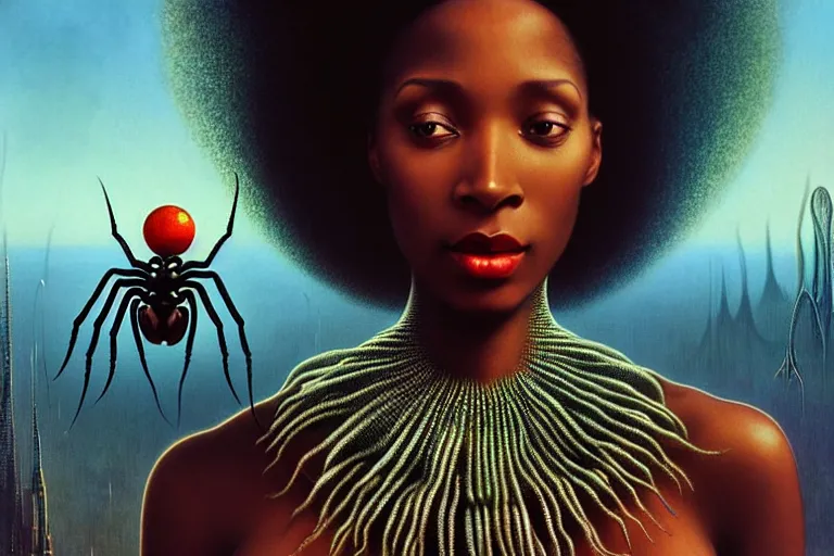 Prompt: realistic detailed photorealistic portrait movie shot of a beautiful black woman with a giant spider, sci fi city landscape background by denis villeneuve, amano, yves tanguy, alphonse mucha, ernst haeckel, david lynch, edward robert hughes, roger dean, cyber necklace, rich moody colours, wide angle