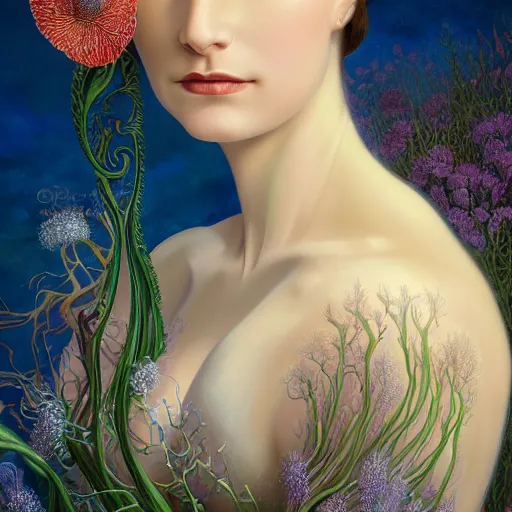 Image similar to facial portrait of a young gorgeous woman in flowing sensual dress, arrogant, long fine flowing hair, delicate, looking at camera, slightly awkward smile, realistic face, hands behind back, stylish, elegant, grimdark fantasy, flowers, extremely detailed painting inspired by Gerald Brom and Ernst Haeckel and Kaluta, studio lighting