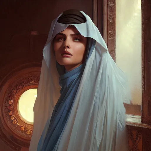 Prompt: a Photorealistic dramatic hyperrealistic render of an arab ameera al taweel, blue eyes, wavy hair, white veil,by WLOP,Artgerm,Greg Rutkowski,Alphonse Mucha, Beautiful dynamic dramatic dark moody lighting,shadows,cinematic atmosphere,Artstation,concept design art,Octane render,8K