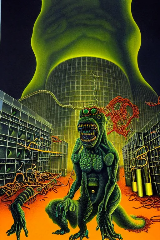 Image similar to a hyperrealistic detailed painting of a emergency chaos at the nuclear power plant, radioactive radiation monster eating the laboratory by chris cunningham and richard corben, highly detailed, vivid color,