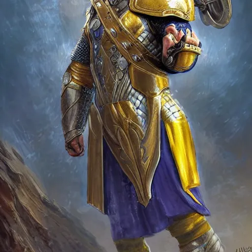 Image similar to A knight who looks like Thor with very short, slicked back, blonde hair style and a short beard, Athletic build. Wears chainmail with a blue robe and yellow cloak, Steel pauldrons, digital art, fantasy art, detailed, realistic, by Tony Sart