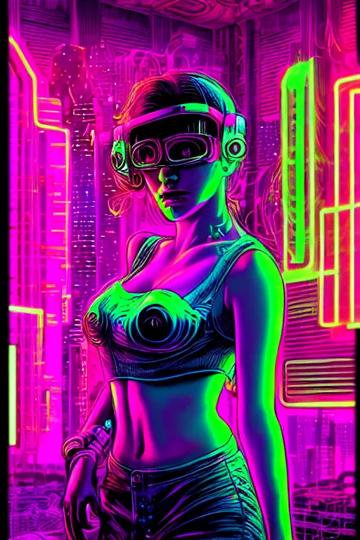 Prompt: dreamy cyberpunk girl portrait, neon wall on background, detailed acrylic, grunge, intricate complexity, by dan mumford and by jonathan solter