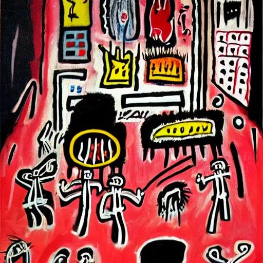 Prompt: inside a dark club, dancing, room is full of people, crowded, disco light, abstract expressionism, artwork by phillip guston and jean - michel basquiat