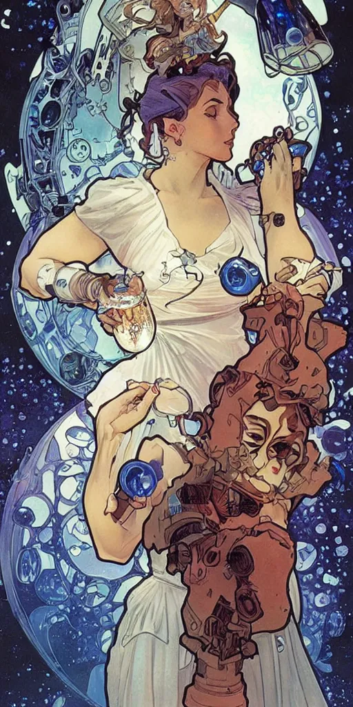 Prompt: a woman wearing outer space as a dress, pouring water from a vase into the milky way, by joe madura, by travis charest, by alphonse mucha, battle chasers.