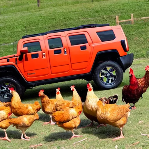 Image similar to a hummer h 2, surrounded by chickens