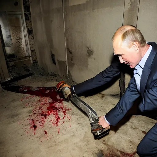 Image similar to putin with a chainsaw and a corpse. in a concrete bunker. focus on putins face with blood splatters. canon eos r 3, f / 1. 4, iso 1 6 0 0, 1 / 8 0 s, 8 k, raw, grainy