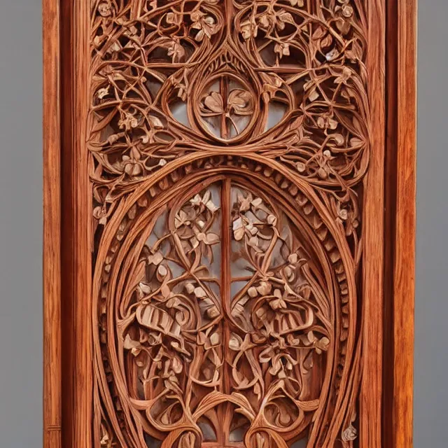 Image similar to a 3 d wooden mahogany art nouveau carved sculpture of a delicate tracery pattern, intricate and highly detailed, well - lit, ornate, realistic, polished with visible wood grain