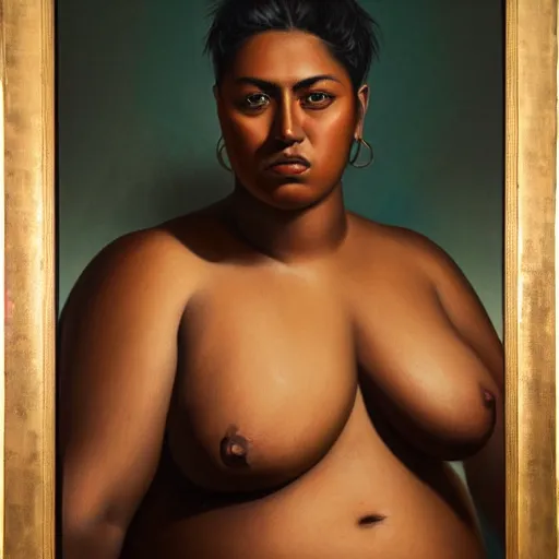 Image similar to A portrait of a strong and thick attractive non-binary person, dark tone skin, Mexican, oil painting, majestic, detailed, high resolution