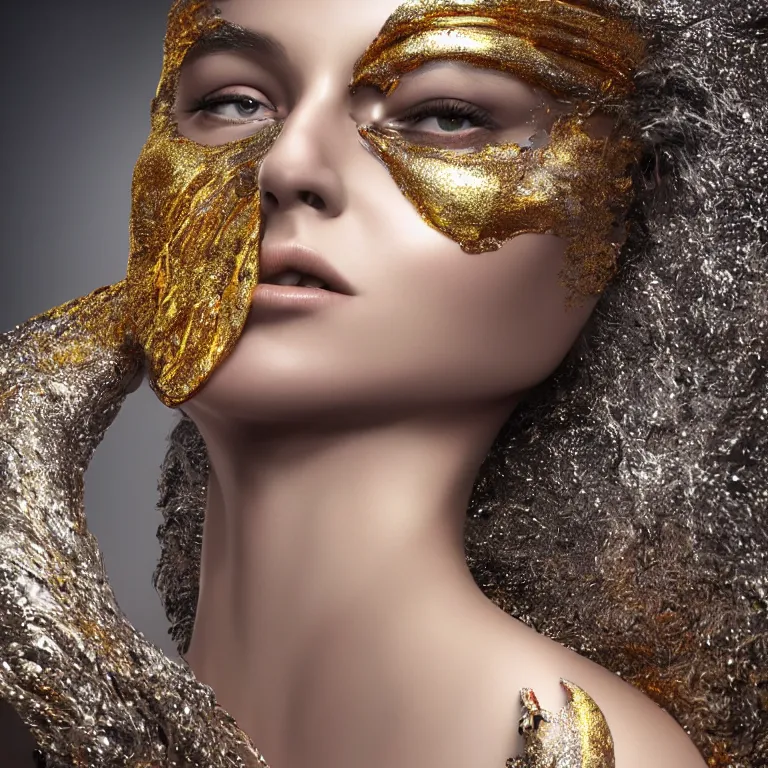 Prompt: octane render portrait by wayne barlow and carlo crivelli and glenn fabry, the ultra - sharp smooth perfect symmetrical face of a beautiful woman wearing a shiny reflective chrome bandit mask over her eyes, inside a giant massive wave of liquid gold and jewels, cinema 4 d, ray traced lighting, very short depth of field, bokeh
