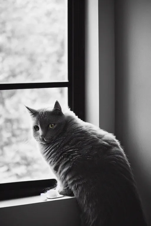 Prompt: “ fluffy grey cat turning head to look out the window while lying on tree, cozy living room, warm, cotton, dramatic lighting, extremely high quality, leica m - a, lux 3 5 fle, portra 8 0 0 ”