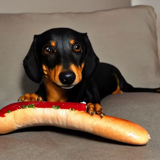 Image similar to a hybrid hot dog that is mostly a dachshund