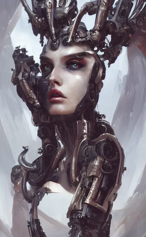 Prompt: a cyborg succubus, flawless symmetrical pretty cute face, greg rutkowski, 8 k, shallow depth of field, intricate detail, concept art,