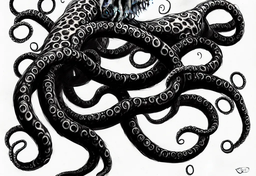 Image similar to underwater tentacle painting spiraling inward by Greg Manchess, Art Directed by Jeremy Jarvis; Deep sea horror; gallery painting; teeth and eyes; black ink; fine line work; epic pencil sketch trending on artstation; Charcoal Tattoo; concept art; epic cinema post landscape illustration