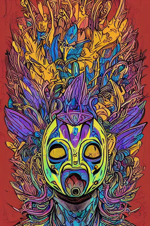 Image similar to animal mask totem roots flower tribal feather gemstone plant wood rock shaman vodoo video game vector cutout illustration vivid multicolor borderlands comics by josan gonzales and dan mumford radiating a glowing aura