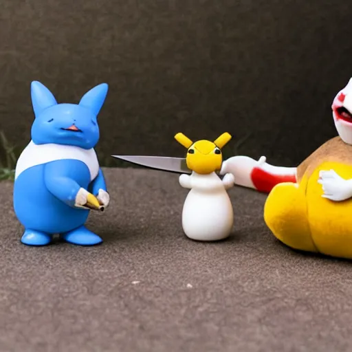 Image similar to snorlax killing pickachu with a knife