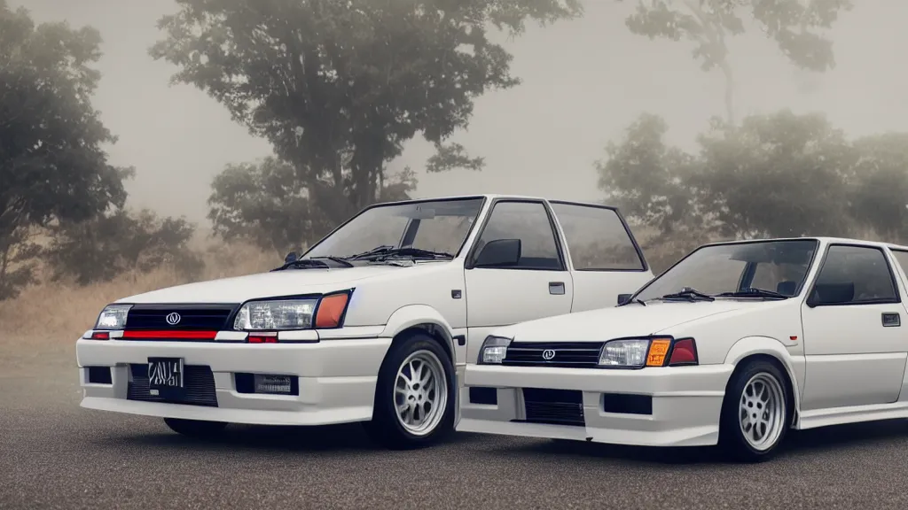 Image similar to toyota sprinter trueno 3 door gt - apex with pop up headlights, cinematic, nikon d 7 5 0, long exposure, white balance, 8 k, led, lumen global illumination, fog, ray tracing reflections, fxaa, rtx, post - production