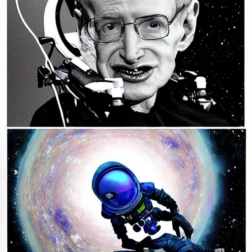 Prompt: Picture of an alien Stephen Hawking having adventures in space