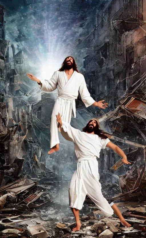 Image similar to jesus christ in a white robe strikes a dramatic dance pose on dead laughing bodies in streets of an apocalyptic metropolis destroyed after war, fantasy art, dramatic lighting, insane details