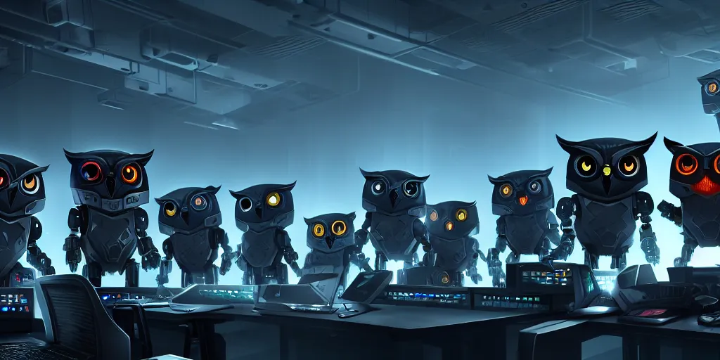 Image similar to an army of evil, malevolent, robot mechincal owls surrounded by computers and computer screens. this 4 k hd image is trending on artstation, featured on behance, well - rendered, extra crisp, features intricate detail and the style of unreal engine. volumetric lighting