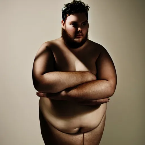 Image similar to a muted colors natural portrait photograph of a Male plus-size model, editorial story, i-D magazine, editorial photography