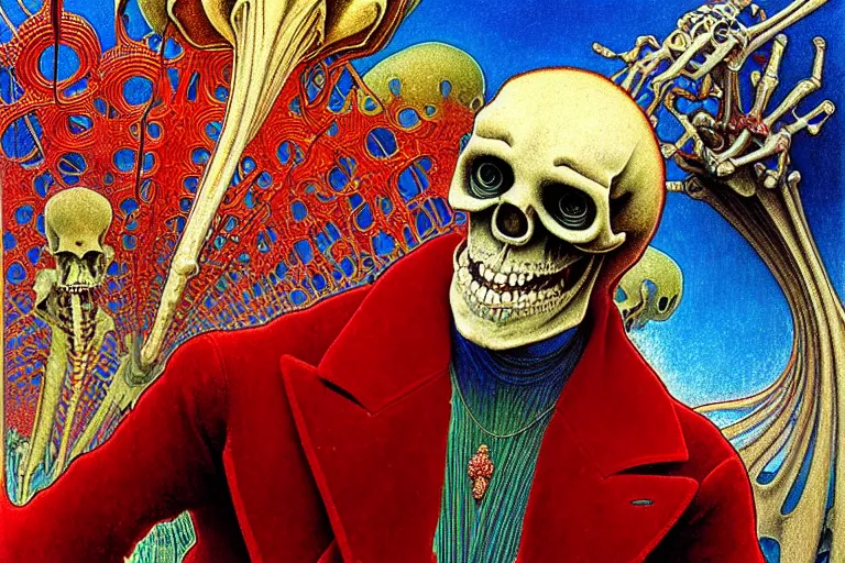 Image similar to realistic detailed closeup portrait painting of a single skeleton wearing red velvet blazer in a crowded futuristic moscow street by Jean Delville, Amano, Yves Tanguy, Alphonse Mucha, Ernst Haeckel, Edward Robert Hughes, Roger Dean, rich moody colours, blue eyes