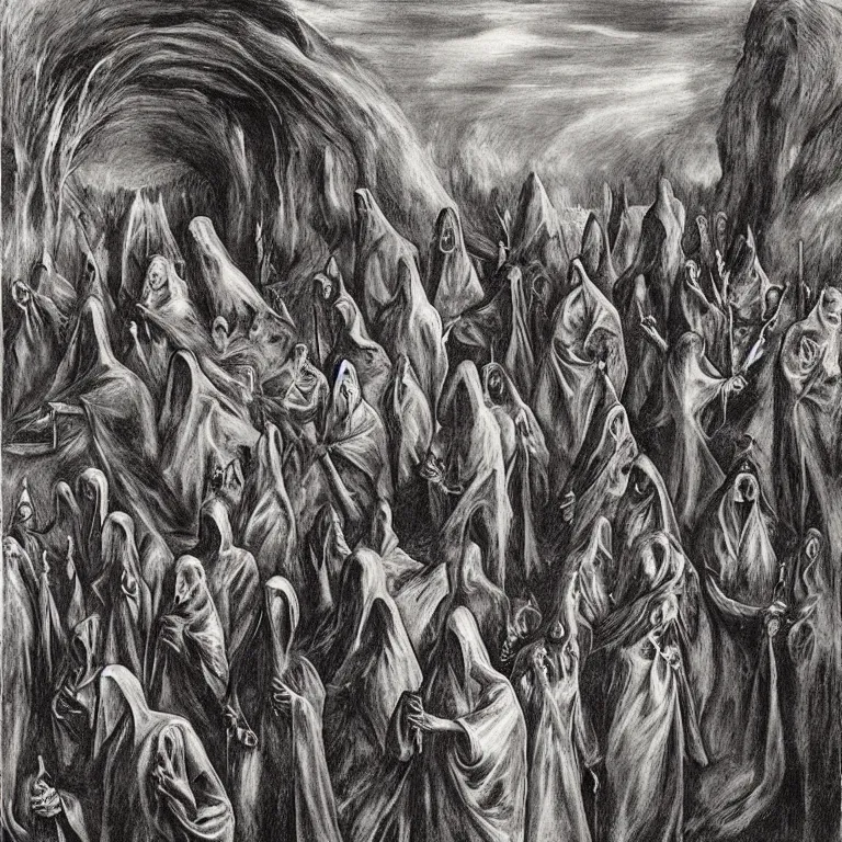 Prompt: A Holy Week procession of grim reapers in a lush Spanish landscape at night. A hooded figure at the front holds a cross. El Greco, Remedios Varo, Salvador Dalí, Zdzisław Beksiński.