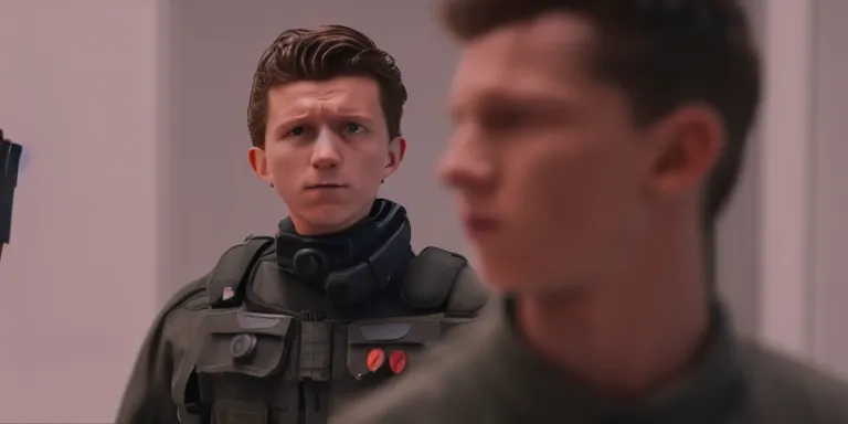 Prompt: still frame from a movie, medium shot of an anxious tom holland in a swat suit on the left, urban, rule of third, alexa 65, cooke prime 50mm, cinematic, film grain, flare