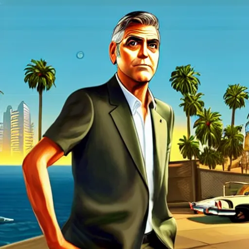 Prompt: george clooney in gta v. los santos in background, palm trees in the art style of stephen bliss