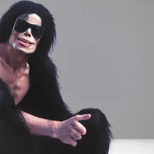 Image similar to michael jackson 2 0 0 9 wearing shades, alone, this is it style, photo real, pores, motion blur, sitting with bubbles the chimp window open, real life, spotted, ultra realistic face, accurate, 4 k, movie still, uhd, sharp, detailed, cinematic, render, modern