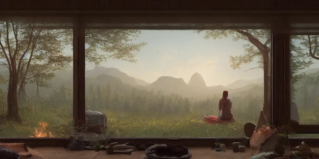 Image similar to looking out a window to see two women camping, elegant scene, low angle, wide angle, indian forest, wide angle, cinematic, ultrarealistic, trending on artstation, cgsociety, highly detailed, color graded, rendered in unreal engine 4 k hq, matte painting, by simon stalenhag and hudson river school, horizon forbidden west