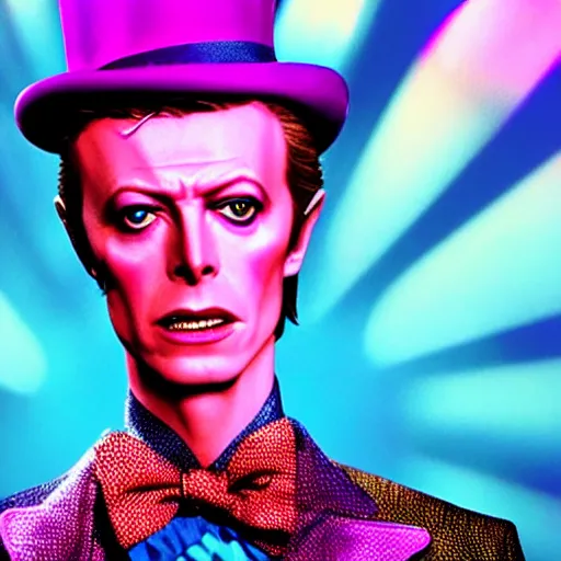 Image similar to awe inspiring David Bowie pkaying Willy Wonka 8k hdr movie still dynamic lighting