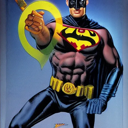 Prompt: young jeff goldblum as bruce wayne, muscular, batman t shirt, joe jusko, boris vallejo