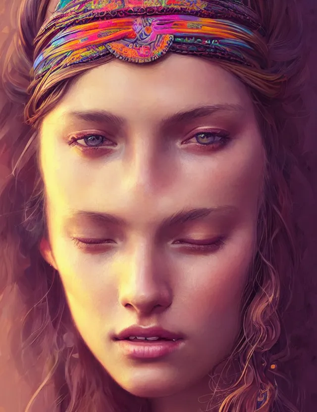 Image similar to portrait of a young woman wearing boho clothing, hippie girl, long hair, groovy hairband, bangs, intricate, smooth, groovy lighting, highly detailed, digital painting, artstation, concept art, smooth, sharp focus, illustration, art by wlop, mars ravelo and greg rutkowski