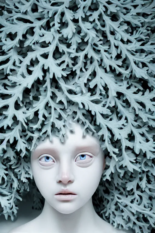 Image similar to full head and shoulders, beautiful porcelain female person, mixed with three giant eyes in macro detail, smooth, delicate facial features, white detailed eyes, white lashes, 3 d white shiny thick, wearing colourful streetwear, background is a wall of leaves, by daniel arsham and james jean, featured in pictoplasma