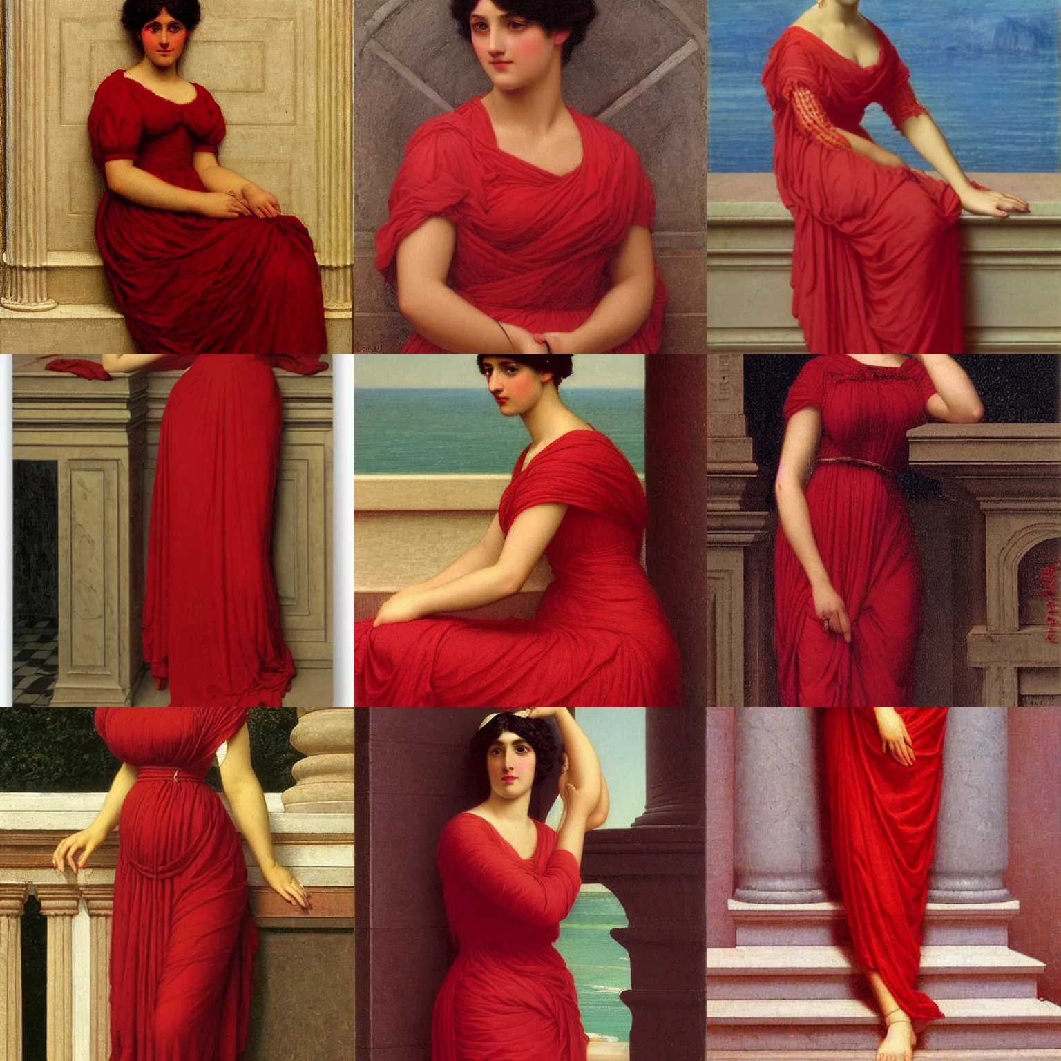 Prompt: beautiful woman in a red dress by john william godward