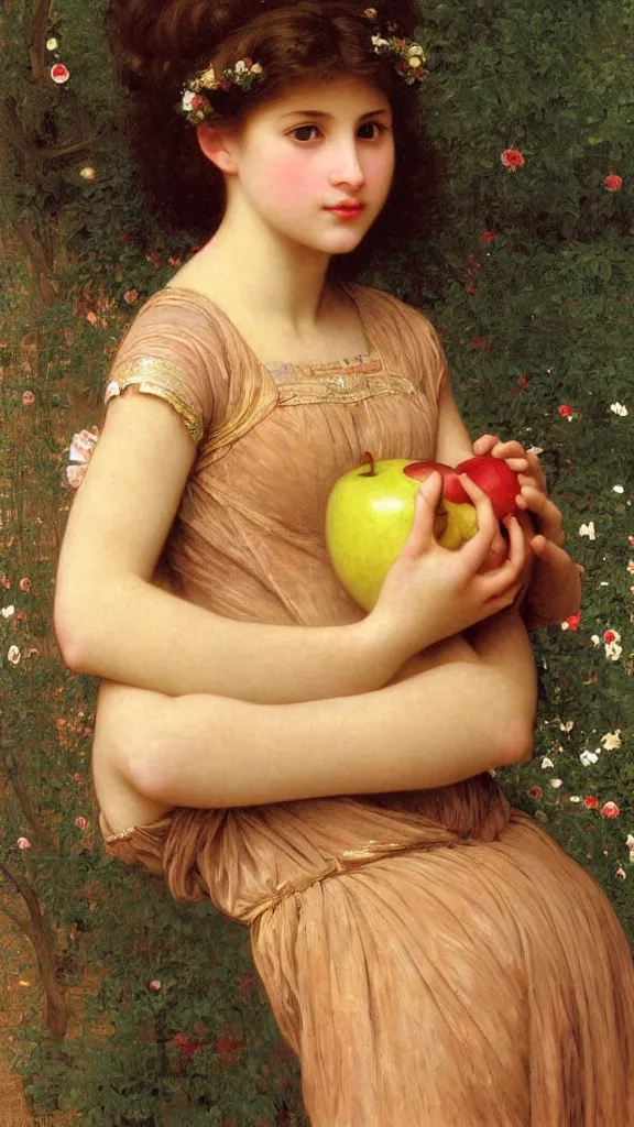 Prompt: painting portrait of a beautiful girl with an apple in her hand, intricate, elegant, digital painting, smooth, sharp focus, shiny gold, realistic gold, realistic metal, by William-Adolphe Bouguereau and Gustav Klimt,