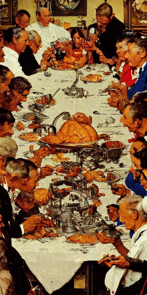 Prompt: the mars rover eating thanksgiving dinner at the head of the table norman rockwell painting
