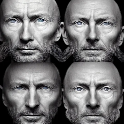 Image similar to collages, hyper realistic, many variations portrait of very old thom yorke, face variations, singer songwriter, ( side ) profile, various ages, macro lens, liminal space, by lee bermejo, alphonse mucha and greg rutkowski, greybeard, smooth face, cheekbones