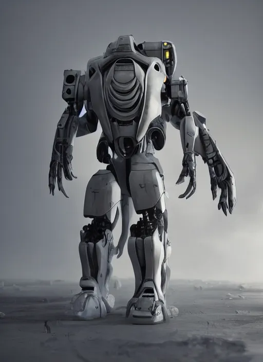 Image similar to a Photorealistic dramatic hyperrealistic render of a futuristic exosuit warrior Mech,Ultra realistic details,glossy white metal by Vitaly Bulgarov and Mike Nash,Beautiful dramatic dark moody tones and lighting,cinematic atmosphere,studio lighting,shadows,dark background, Octane render,8K