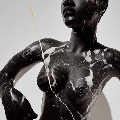 Image similar to extremely beautiful black female marble statue eviscerated, in the style of virgil abloh, crayola crayon commercial, sharp focus, clear, detailed, cinematic, detailed, off white, glamourous, symmetrical, vogue, editorial, fashion, magazine shoot, glossy, 8 k