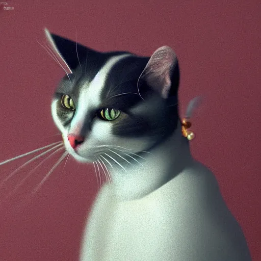 Prompt: a cartoon closeup portrait of an innocent, elegant cat, smiling, wearing pearl earrings, blender render, global illumination, by jan vermeer