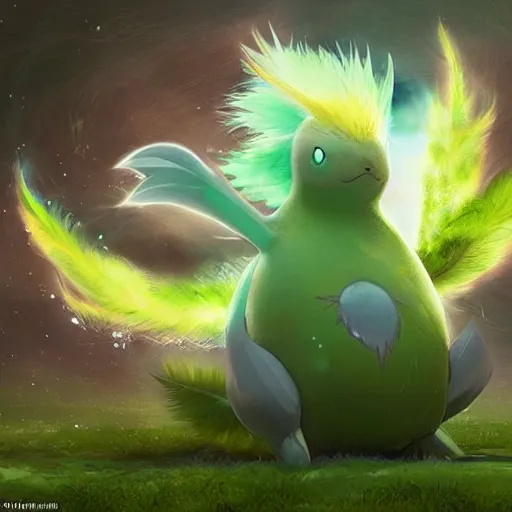 Prompt: a cute beautiful earth type pokemon, green feathers bursting out of his hair, full body shot, highly detailed digital art, 3 d perspective, award - winning illustration, aesthetic, smooth, pokemon style, made by greg rutkowski, with an alien landscape in the background