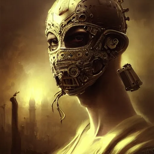 Image similar to Very very very very highly detailed epic photo of face with venetian mask, intricate, dystopian, sci-fi, extremely detailed, digital painting, artstation, concept art, smooth, sharp focus, illustration, intimidating lighting, incredible art by Greg Rutkowski and Jakub Rozalski and Artgerm and Anton Pieck