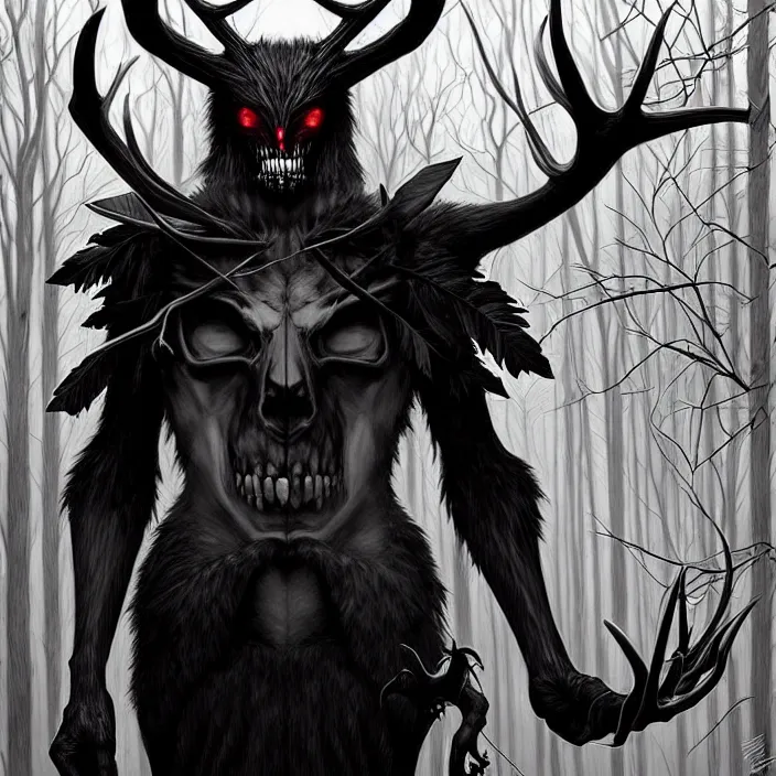 Prompt: style artgerm, joshua middleton, diego fazio, gerald brom : : scary wendigo with antlers and skull face mixed with werewolf : : [ beautiful witch wearing a black dress, symmetrical face, on the right side ] : : in the forest, detailed, dark and foggy, cinematic lighting