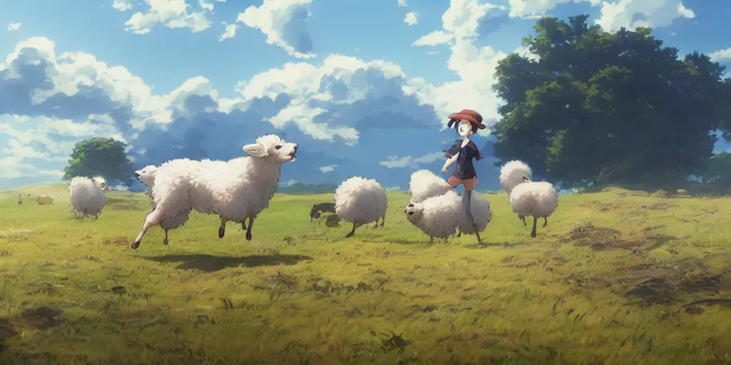 Prompt: border collie chasing sheep on feld. nime key visual of luffy studio lit directed gaze, trending on pixiv fanbox, painted by greg rutkowski makoto shinkai takashi takeuchi studio ghibli