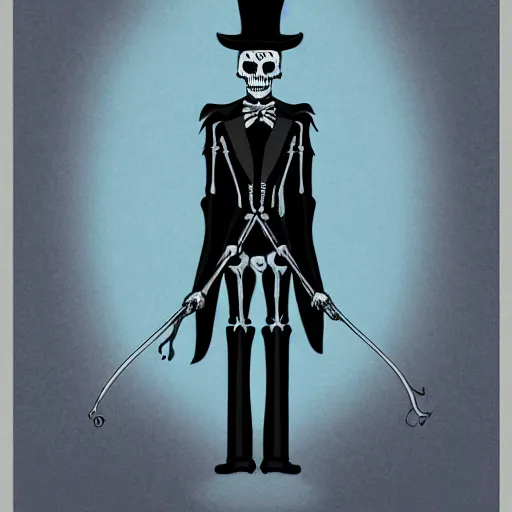 Image similar to DND character, skeleton, Tall skeletal figure, wearing a deep black suit and tie and top hat. golden cane in his right. Light blue flames envelop his whole body