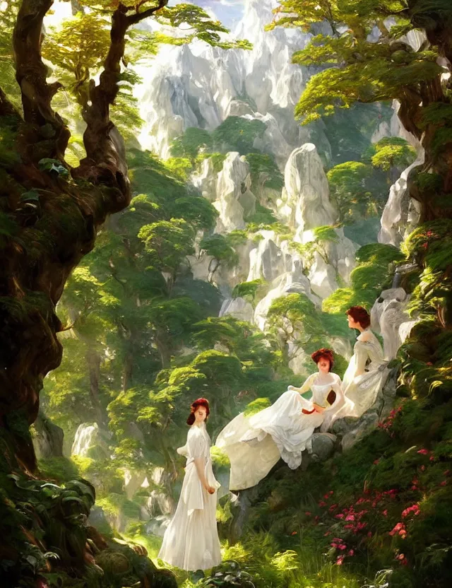 Image similar to beautiful white castle in a mountain forest valley, beautiful landscape, lush foliage, painted by karl kopinsky, john singer sargent, tom bagshaw, norman rockwell, alfonso muha, lolish, trending on artstation